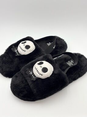 The Nightmare Before Christmas Jack‎ Skellington Black Fuzzy Slide Slippers